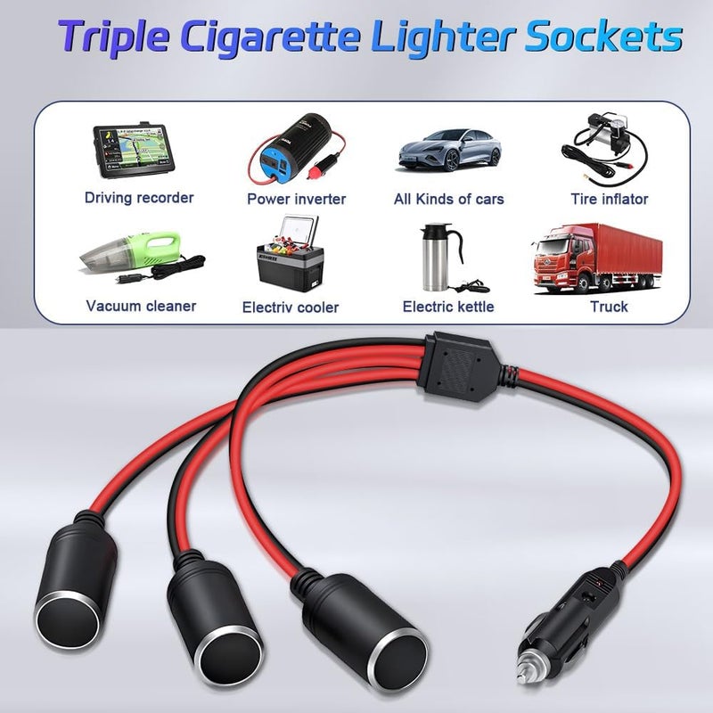 Herfair Car Cigarette Lighter Splitter,2-Socket Cigarette Lighter Adapter Extension Plug Cord Power Charger Port for DC 12V 24V Vehicle 2-Way Splitter on/Off Switch (1 to 3 Car Cigarette Lighter) - Image 3